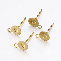 真鍮製スタッドピアスパーツ  鉄のピンとループ付き  ゴールドカラー  8x6x0.1mm  穴：1mm  ピン：0.5mm&nbsp;KK-K225-02A-G