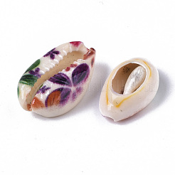 プリントされた天然のカウリーシェルビーズ  穴なし/ドリルなし  花柄  カラフル  18~25x12~15x7mm&nbsp;SSHEL-R047-01-C04