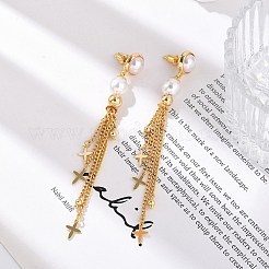 Brass ABS Plastic Pearl Tassel Stud Earrings&nbsp;EJEW-U040-15G
