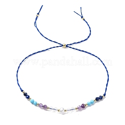 Faceted Round Natural Lapis Lazuli & Turquoise & Amethyst & Quartz Crystal Braided Bead Bracelets&nbsp;BJEW-F493-09G-04