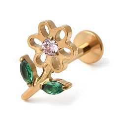 F136 Titanium Pave Pink and Green Cubic Zirconia Flower Internally Threaded Labrets&nbsp;ME-CBA9828-04G