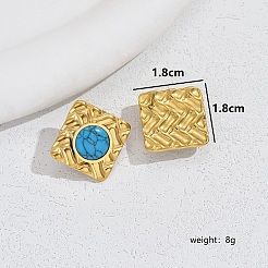 304ステンレススチール菱形スタッドピアス  合成ターコイズ付き  18KGP本金メッキ  18x18mm&nbsp;VU3141-2