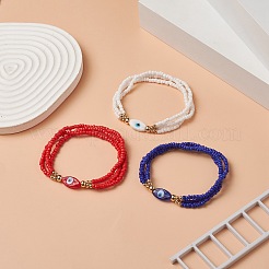 3Pcs 3 Color Evil Eye Lampwork & Glass Seed & Brass Beaded Triple Layer Multi-strand Bracelets Set for Women&nbsp;BJEW-JB09251