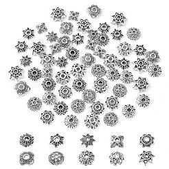 200 個 10 スタイル チベット スタイル合金ビーズ キャップ  花  アンティークシルバー  6~9x6~9x2~3mm  穴：1~1.6mm  20個/スタイル&nbsp;TIBE-CJ0001-22