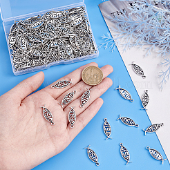 合金のチベット風チャーム  イースターのために  イエスの魚  アンティークシルバー  26x9.5x2mm  穴：2mm  160個/箱&nbsp;PH-TIBEP-G020-09AS-WH