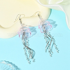 アイアン製ダングルピアス  ガラスと304ステンレススチール  花  ピンク  プラチナ  90mm&nbsp;EJEW-FS00019