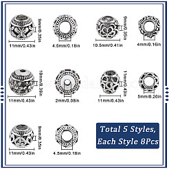 40個 5スタイル 合金ヨーロピアンビーズ  大穴ビーズ  ロンデル  中空  アンティークシルバー  10.5~11x9~11mm  穴：2~5mm  8個/スタイル&nbsp;FIND-SC0010-56