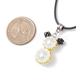 Glass Seed Beads & Glass Pearl Round Beaded Bear Pendant Waxed Cotton Cord Necklaces for Women Men&nbsp;NJEW-MZ00126-05