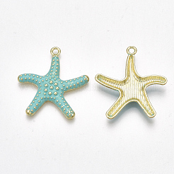 スプレープリント合金ペンダント  ヒトデ/海星  ライトゴールド  ミディアムアクアマリン  29x27x3mm  穴：2mm&nbsp;X-PALLOY-T065-24B