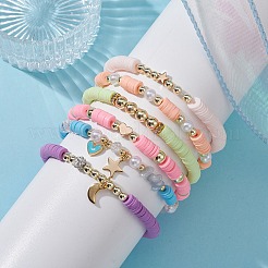 6Pcs 6 Style Polymer Clay & ABS Plastic Pearl Beaded Stretch Bracelets Set&nbsp;BJEW-JB09674