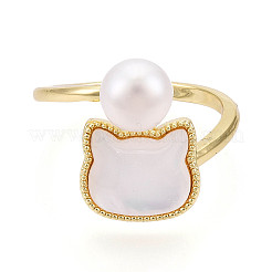 Brass & Natural Pearls Adjustable Open Cuff Rings for Women&nbsp;PEAR-N020-07J