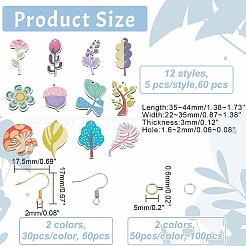 DIY植物イヤリング作りキット  鉄のピアスフックを含む  プリントバスウッドペンダント  木と葉と花とキノコ  ミックスカラー  220個/箱&nbsp;DIY-AR0003-33