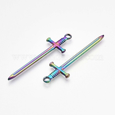304ステンレスペンダント 剣のチャーム 虹色 45x13.5x2mm 穴：2.5mm.の