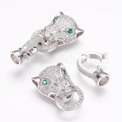 Brass Micro Pave Cubic Zirconia Fold Over Clasps, Leopard, Real Platinum Plated, 32mm, Inner diameter: 4mm Brass Micro Pave Cubic Zirconia Fold Over Clasps, Leopard, Real Platinum Plated, 32mm, Inner diameter: 4mm