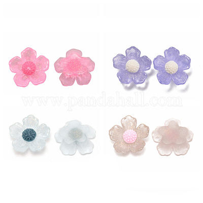 クリア樹脂カボション  グリッターパウダー付き  花  ミックスカラー  20x20x7mm&nbsp;RESI-CJC0013-04-1
