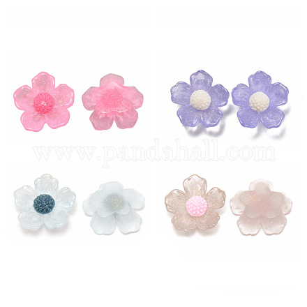 クリア樹脂カボション  グリッターパウダー付き  花  ミックスカラー  20x20x7mm&nbsp;RESI-CJC0013-04-1