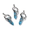 Synthetic Turquoise Pointed Pendants, Eco-Friendly Brass Finding, Platinum, Cadmium Free & Lead Free, Bullet, 48x24.5x14mm, Hole: 7x5.5mm