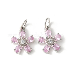 Brass Micro Pave Cubic Zirconia Pendants, Flower Charms, Rack Plating, Lasting Plated, Cadmium Free & Lead Free, with Jump Ring, Lavender Blush, 14.5x12.5x4.5mm, Hole: 4.5mm