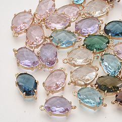 Faceted Glass Links connectors, with Golden Tone Brass Open Back Settings, Oval, Mixed Color, 13.5~14.5x8x4mm, Hole: 0.7mm