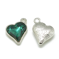 合金ガラスペンダント  多面カット  ハート  プラチナ  シーグリーン  17x15x5mm  穴：1.5mm
