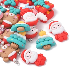 24 個 6 スタイルのクリスマス不透明樹脂ペンダント  プラチナトーンの鉄ループ付き  家とサンタクロースとクリスマスツリー  混合図形  ミックスカラー  24~32x17~22x6~8.5mm  穴：2x2.1~2.7mm  4個/スタイル&nbsp;RESI-FS0001-43
