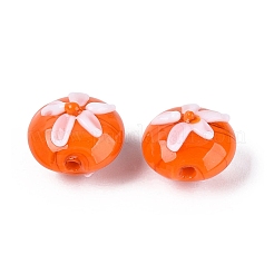 手作りランプワークビーズ  花柄とフラットラウンド  サンゴ  14~15x10~12mm  穴：0.8~1.2mm&nbsp;LAMP-Q039-09D