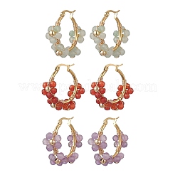 3ペアフラワー真鍮天然石フープピアス  鉄と304ステンレス鋼のイヤリング金具付き  28.5x32x11mm&nbsp;EJEW-TA00781