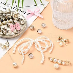 鉄の靴飾り  ABSプラスチックパール＆合金＆布製取り外し可能な靴バックルクリップ付き  ゴールドカラー  3x21x1mm  38個/セット&nbsp;AJEW-CJC0019-01G
