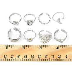 8Pcs 8 Style Whale Tail & Wave & Flower & Vortex & Snake Stainless Steel Open Cuff Ring Set&nbsp;RJEW-FS0001-02