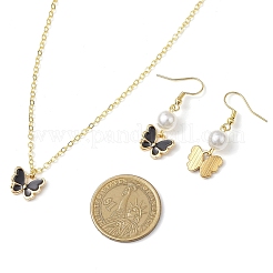 合金エナメル蝶チャームネックレス＆ダングルイヤリング＆ABSプラスチック模造真珠ビーズブレスレットセット  女性用ジュエリーセット  ブラック  380mm&nbsp;SJEW-JS01315-04
