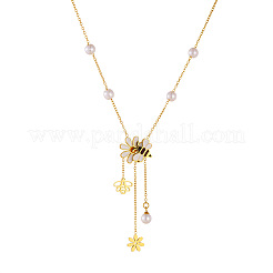 304 Stainless Steel White and Yellow Enamel with Plastic Pearl Bee Flower Tassel Pendant Necklaces for Women&nbsp;FS-WGCFE06-01