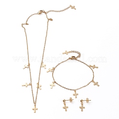 304ステンレススチールジュエリーセット  アズキチェーンペンダントネックレス＆スタッドピアス＆ブレスレット  カニカン付き  クロス  ミックスカラー  17.83インチ（45.3cm）  7.28インチ（18.5)  19.5mm  ピン：0.7mm&nbsp;SJEW-Z001-14