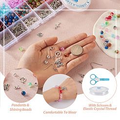 DIY ビーズ ダングル イヤリング ペンダント デコレーション メイキング キット  アクリルクラックルビーズを含む  バタフライ & ピースサイン & クロス 合金ペンダント & クラスプ  304ステンレススチールピアスフック  はさみ  ミックスカラー  617個/袋&nbsp;DIY-TA0008-02