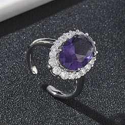 女性用真鍮マイクロパヴェキュービックジルコニアカフオープンリング  オーバル  ガラスと  長持ちメッキ  ラックめっき  プラチナ  ミックスカラー  17mm&nbsp;RJEW-L343-17P