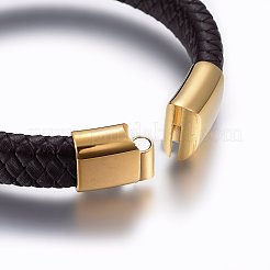 レザー編み込みコードブレスレット  304ステンレススチール製マグネット留め具  長方形  ゴールドカラー  ココナッツブラウン  8-5/8インチ（22cm）  12x6mm&nbsp;BJEW-E345-13A-G