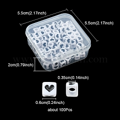 不透明なアクリルビーズ  ハートを持つキューブ  ホワイト  6x6x6mm  穴：3.5mm  100個/箱&nbsp;MACR-YW0002-25
