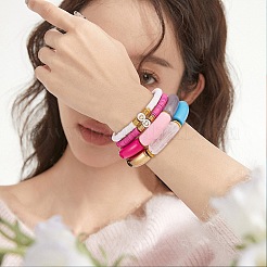 10個10スタイル手作りポリマークレイヘイシビーズストレッチブレスレットハート付き  女性のためのアクリル分厚いカーブチューブブレスレット  ピンク  内径：2-1/8インチ（5.5cm）&nbsp;BJEW-SW00036-02