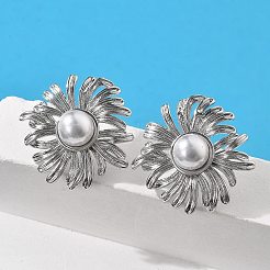 Brass ABS Plastic Imitation Pearl Flower Stud Earrings&nbsp;EJEW-S258-01P
