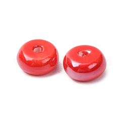 手作りの陶器ビーズ  フラットラウンド  光沢釉の磁器  レッド  9x5mm  穴：2mm&nbsp;PR-Z001-01D