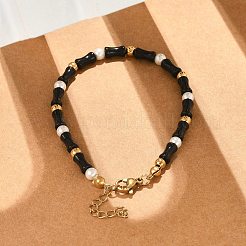 女性用304ステンレススチールビーズブレスレット  コラム  ガラス、スチール、プラスチックの模造真珠ビーズ付き  ブラック  7-3/8インチ（18.7cm）&nbsp;BJEW-M056-08G-04