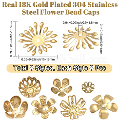 64個 8スタイル 304ステンレススチールビーズキャップ  花  18KGP本金メッキ  7~21.5x11.5~21.5x2.5~3.5mm  穴：1.2~2mm  8個/スタイル&nbsp;STAS-BBC0008-15