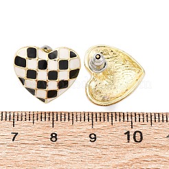 合金エナメルスタンドピアス  格子柄のハート  ゴールドカラー  ブラック  15.5x17.5mm&nbsp;LS-EJEW-Z113-01G-A