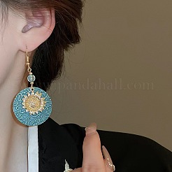Flat Round with Sunflower Alloy Glass Dangle Earrings&nbsp;FS-WG8AC10-01