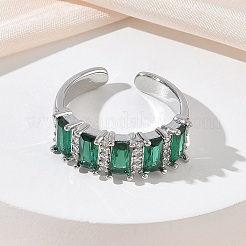 女性用真鍮マイクロパヴェキュービックジルコニアカフオープンリング  長持ちメッキ  ラックめっき  プラチナ  グリーン  7mm  内径：17mm&nbsp;RJEW-L343-16P-03