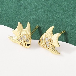 真鍮マイクロパヴェキュービックジルコニアペンダント＆スタッドピアスセット（女性用）  18KGP本金メッキ  魚  10x9.5mm  20x17.5x3.5mm  穴：5x3.5mm&nbsp;SJEW-F227-01G-G