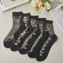 5Pairs Flower Chinlon Glass Silk Socks for Women&nbsp;AJEW-WH20088-007