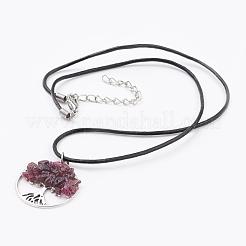 牛革レザーコードペンダントネックレス  真鍮カニカンと天然石さざれ合金製ペンダント付き  命の木とフラットラウンド  アンティークシルバー  18.1インチ（46cm）&nbsp;NJEW-JN01983