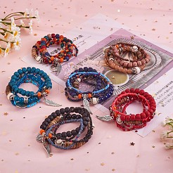 5個5スタイルの木とガラスのシードとアクリルビーズのストレッチブレスレットに野球をセット  女性のための合金の翼とペアの魅力を備えたボヘミアンスタッカブルブレスレット  藤紫色  7-1/8インチ（18cm）  1個/スタイル&nbsp;JB709E