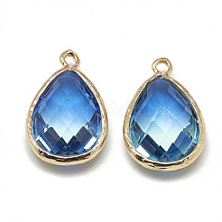 ガラスチャーム  ゴールデントーン真鍮パーツ  多面カット  ティアドロップ  ドジャーブルー  23x15x7mm  穴：1.5~2mm&nbsp;X-GLAA-Q068-12A-14