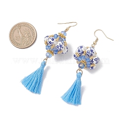 Lantern Glass Seed with Handmade Polyester Cotton Tassel Dangle Earrings&nbsp;EJEW-MZ00671
